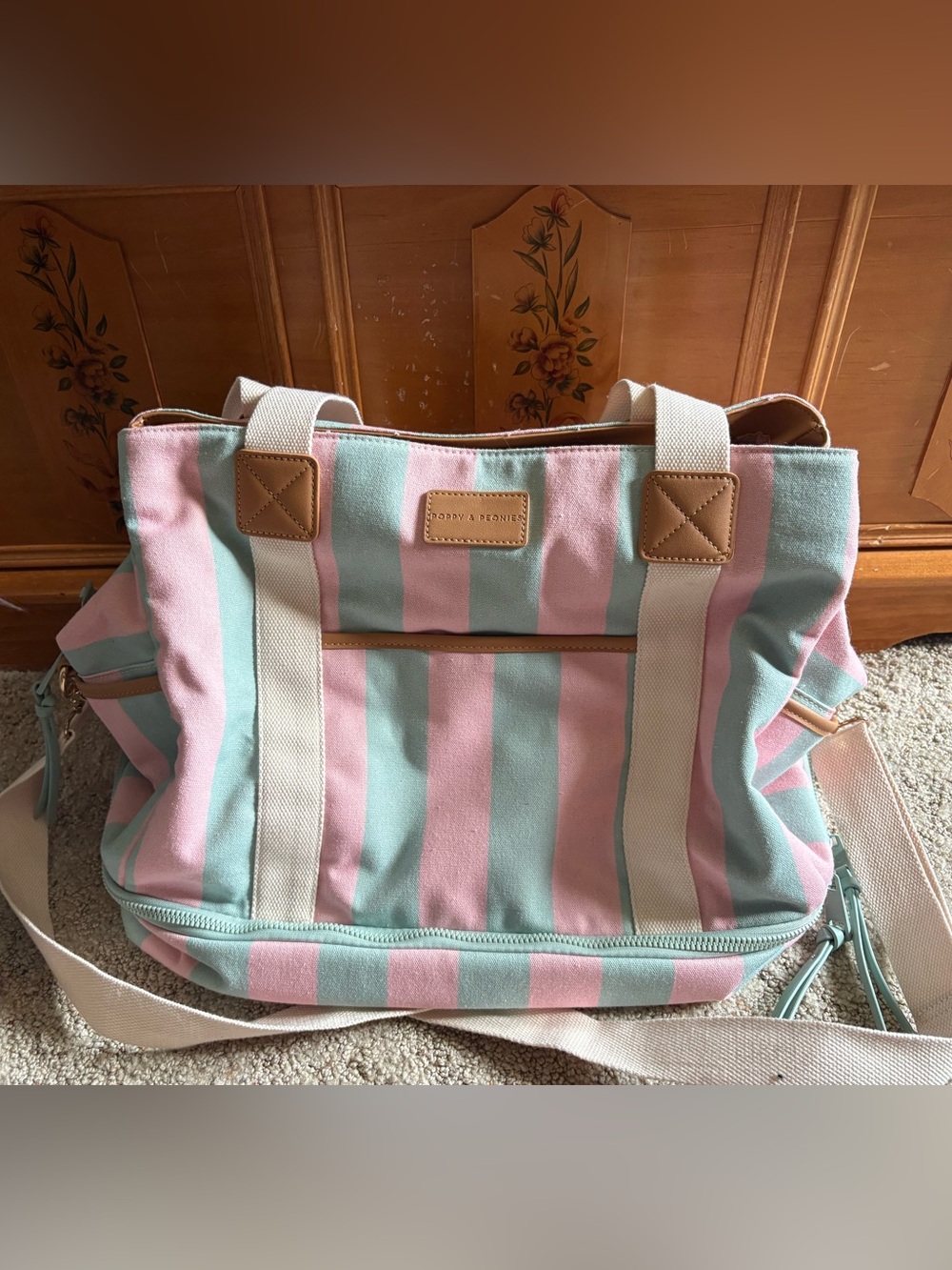 Poppy & Peonies Pink and Mint Striped Canvas Tote with Cream Straps